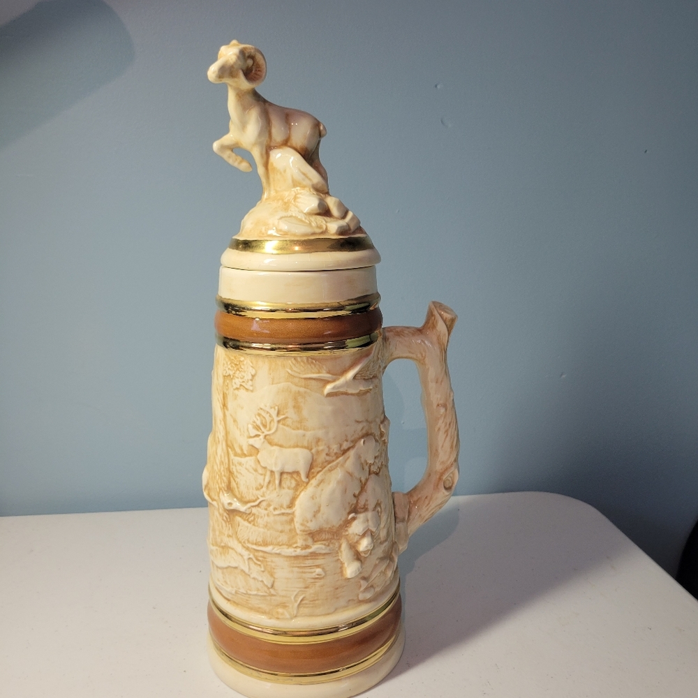 Vintage Holland Mold Hand Painted Ceramic Ram Bear Elk Moose  Large Stein 18"